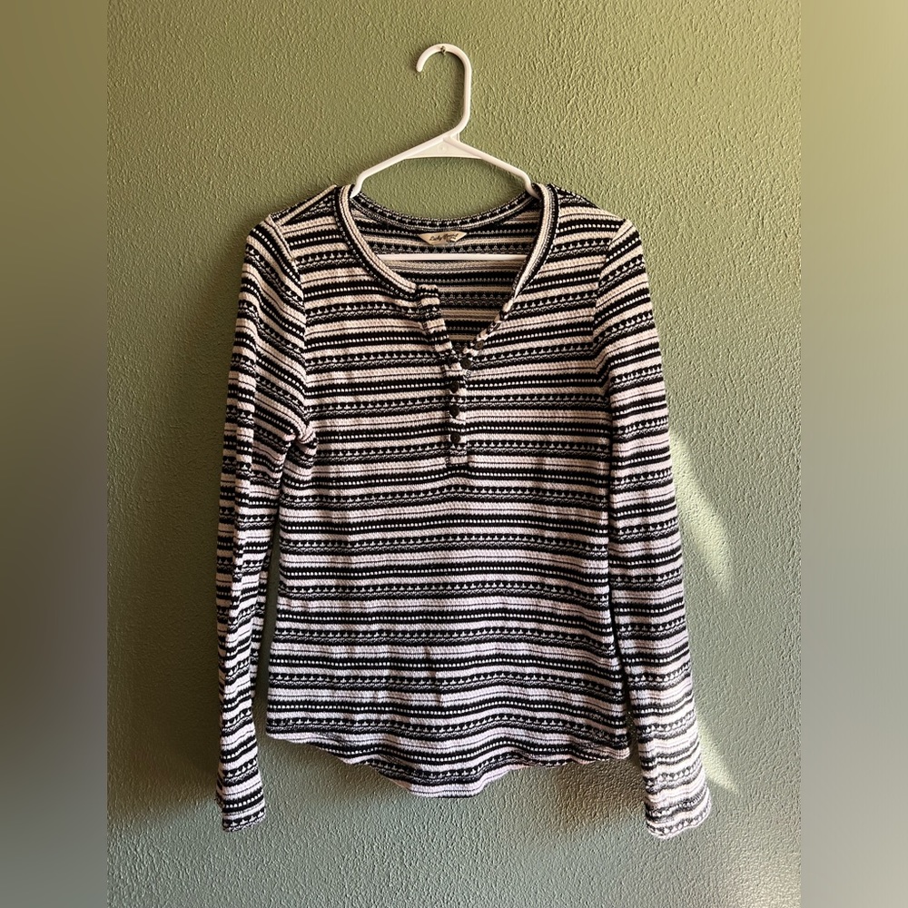 Boho Lucky Brand Black and White Stripe Textured Knit Thermal Henley, M